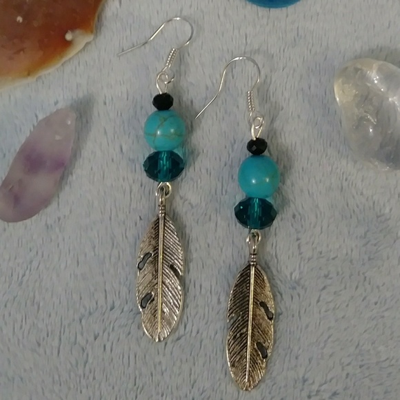 Feather Silver Charm Turquoise Blue Black Earrings - Picture 1 of 3